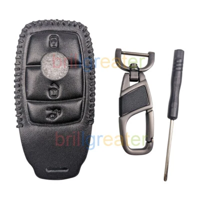 Car Leather Key Cover Case Fob Chain Protector 3 Button for Mercedes Benz Black Foto 1 de 4