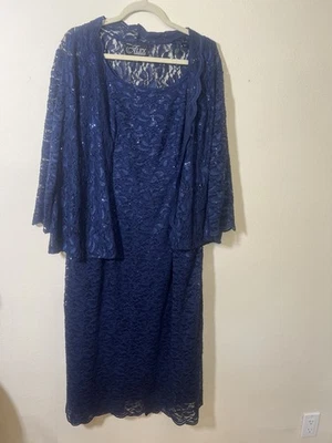 Vestido de Noche Alex Talla 16 Azul Marino Elástico Encaje Lentejuelas Vestido y Chaqueta Foto 1 de 4