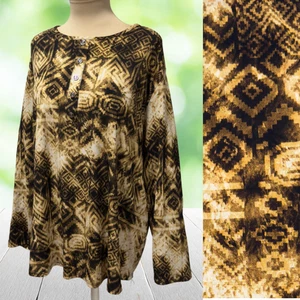 Vintage Y2K LINKS Tunika Top Damen 2X Slinky braun schwarz Tapa Tribal geometrisch - Bild 1 von 14