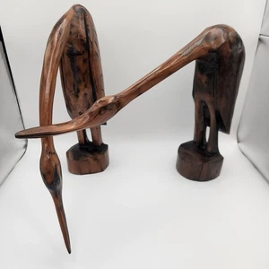 2 Hand Carved Wood Heron Bird Nautical Coastal Cottage Boat Lake House Statues - Picture 1 of 24