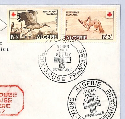 ALGERIA 1957 RED CROSS FDC Illustrated First Day Cover BIRD FOX France ColsWX302 - Image 1 of 4