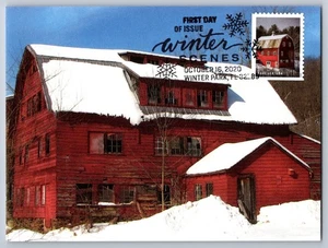 #5535 Winter Scenes Red Barn with Wreath FDC Maxi Card w/Pictorial Cancel - Picture 1 of 2