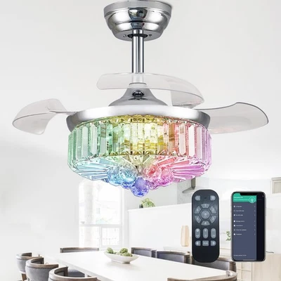 30" Retractable Crystal Ceiling Fan with Light, RGB Modern Fandelier 6 Speeds... - Image 1 of 4