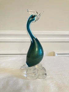 Murano Glass Bird Green and Teal Blue with Clear Base 8 in MCM Vintage - Picture 1 of 8