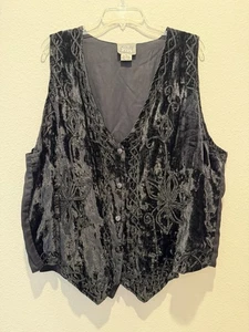 Vintage Black Velvet Vest Monochrome Embroidery Women’s Size 1X Boho Gypsy - Picture 1 of 9