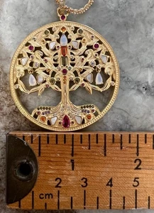 Genuine Multi-Gemstone 14K Yellow Gold on 925 Tree of Life Medallion Necklace - Picture 1 of 20