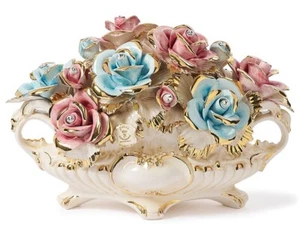 Soprammobile Centrotavola in Porcellana Capodimonte Bianco Oro Rose e Swarovski - Imagen 1 de 11