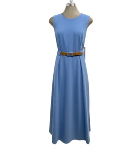 New Size 12 Calvin Klein Elegant Belted Blue Crepe Midi Fit & Flare Dress - Picture 1 of 6