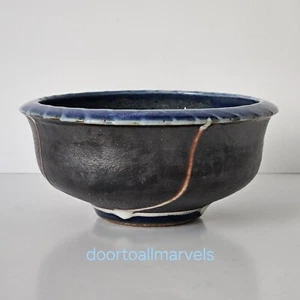 VTG Studio Pottery Raku Bowl Blue Glaze Signed 5.75" Boho Eclectic Uncommon - Picture 1 of 8