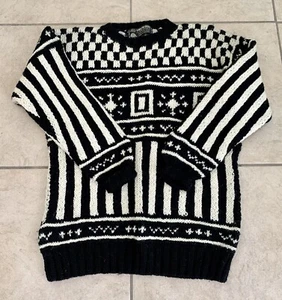 Maglione Vintage 100% LANA URUWOOL Made In Uruguay Nero e Crema Grande Sci - Foto 1 di 7