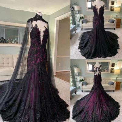 Black and Purple Wedding Dresses with Cape Gothic Mermaid Illusion Bridal Gowns - Image 1 of 4