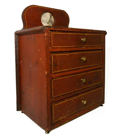 RARE MID-LATE 19TH C ANTIQUE PAINTED CHILD'S CHEST, W/BACKSPLASH & BRASS PULLS Cover
