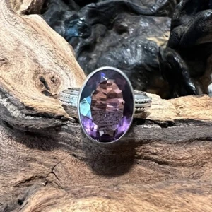 Merav ovaler Amethyst Ring Größe 7,5 Sterlingsilber 925 strukturiertes Band Bali Stil - Bild 1 von 14