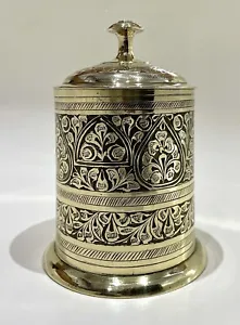 Vintage Indian Brass Tea Caddy Spice Jar Pot Repousse Lidded Etched - Picture 1 of 3