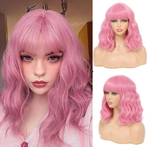 Pink 14in Short Wavy Synthetic Wig With Bangs For Women Party Cosplay Lolita Wig