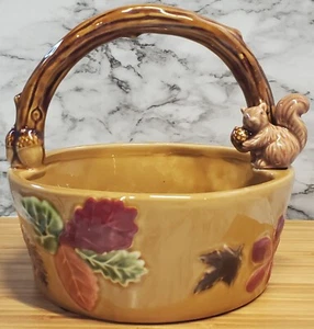 Decorative Autumn Basket Ceramic Thanksgiving Squirrel Acorns Leaves Branch... - Picture 1 of 8