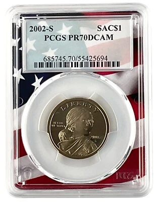 2002 S Sacagawea Dollar PCGS PR70 DCAM Flag Frame - Image 1 of 2