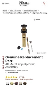 Pfister 972-022Y Metal Bathroom Sink Pop-Up Drain Assembly , Tuscan Bronze - Picture 1 of 10