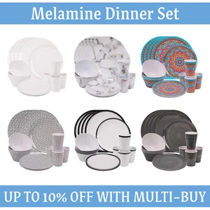 Melamine Dinner Set PATTERN Plastic Beakers Camping Picnic Plates Bowls Napkins - Picture 1 of 56