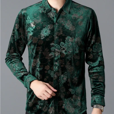 Men Floral Pleuche Blouse Top Velvet Shirt Long Sleeve Business Casual Formal - Image 1 of 4