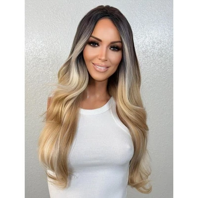 Summer Blonde Human Hair Blend Wig, Platinum Bold Money Piece Rooty Ombre Wig - Image 1 of 4