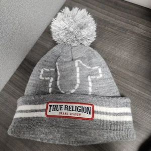 True Religion Brand Jeans Beanie Winter Hat Stocking Cap Gray Logo Patch Pom Top - Picture 1 of 4