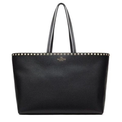 Bolso de Mano Grande Valentino Garavani Rockstud Cuero Guijarro Negro Bolso de Viaje Foto 1 de 4