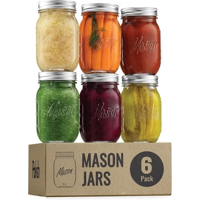 PAKSH NOVELTY 16 oz Mason Jars Regular Mouth 6pk, Pint Canning Jars with Lids & Rings