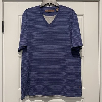 Perry Ellis Men’s Short Sleeve V-Neck Pullover Shirt Blue Stripe L - Image 1 of 4