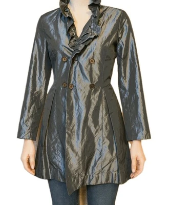 Pink Tartan Gunmetal Gray Double Breasted Ruffle Collar Trench Coat Sz 2 Belted - Image 1 of 4