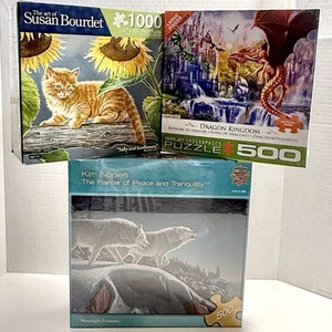 Lot of 3 Jigsaw Puzzles Dragon Kingdom Moonlight Prowlers Sally(Cat) & Sunflower - Picture 1 of 10