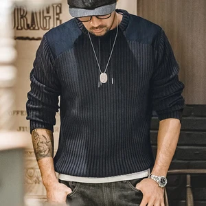 Streifen Spleißen Rundhals Slim Strick Pullover Herren Herbst Winter Navy Strickwaren - Bild 1 von 5
