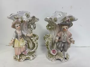 x2 Vintage L & M Porcelain Figural Vase Flowers Bridge Gold Ruffled 6" Girl Boy - Picture 1 of 9