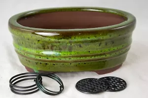 Oval Glazed Succulent, Bonsai Pot + Mesh + Wire 6"x 4.5"x 2.5" - Moss Green - Picture 1 of 8