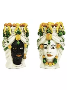 Coppia teste di moro h20 cm in ceramica di caltagirone sicilia giallo-verde - Imagen 1 de 4