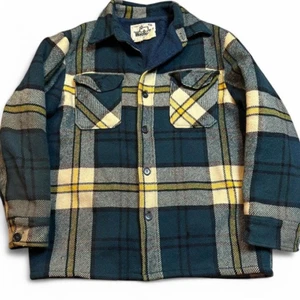 Vintage Woolrich Plaid Jacket Blue Green Sherpa Lined Size large Wool flaw - Picture 1 of 4