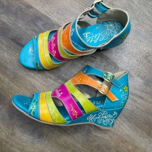 Corkys Colorful Wedge Sandals Size 10 Leather Artsy Vacation Avant Garde - Picture 1 of 12