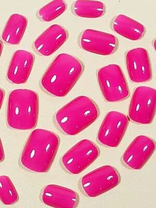 24pcs Short Square Hot Pink Plain Fake Nail False Nails Press On Nails Glue On - Picture 1 of 6