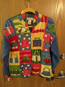 Vintage Susan Bristol Purses Bright Colored Blue Cardigan Sweater M Hand Knit - Picture 1 of 3