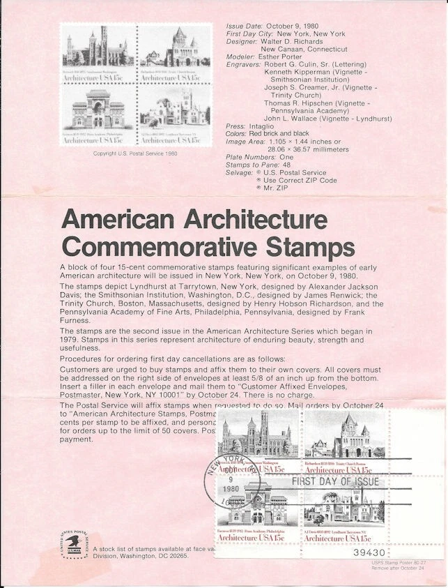 #1838-41 American Architecture Stamp Poster- Unofficial Souvenir Page FD on PB - Image 1 of 1
