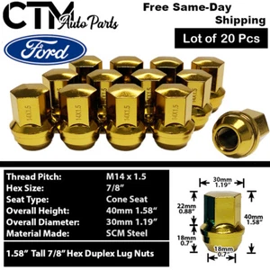20x Gold Large Seat 14x1.5 Lug Nut 7/8" Hex Edge Explore Mustang Aviator Wheel - Picture 1 of 5