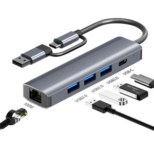 5-in-2 USB-A/USB-C HUB Type C to USB 3.0 2.0 100M RJ45 Type C PD DC/5V Adapter - Picture 1 of 8