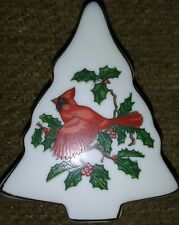 LEFTON CHRISTMAS TREE  TRINKET BOX - HAND PAINTED CARDINAL BIRD & HOLLY DESIGN