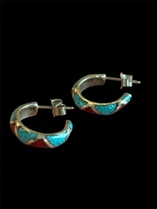 Sterling Silver Zuni Turquoise And Coral Chip Inlay Hoop Earrings 925 - Picture 1 of 9