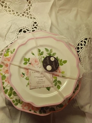 8pc Laura Ashley Pink Rose Floral Melamine Salad & Dinner Plate Set Spring NEW - Image 1 of 4