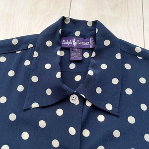 Blusa Ralph Lauren de Lujo Años 90 Etiqueta Púrpura 100% Seda Lunares Talla 6 Botón Frontal - Imagen 1 de 7