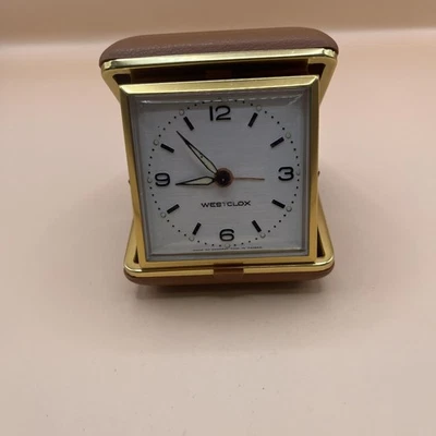 Vintage Westclox Folding Travel Alarm Clock Wind-Up Mechanical Brown Case Retro - Image 1 of 4