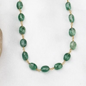 Natural Green Strawberry Quartz Gemstone Gold Plated Oval Beaded Necklace 21" - Picture 1 of 9