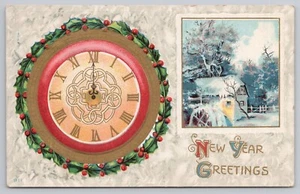 Reloj Postal Felicitaciones Año Nuevo a Medianoche Escena Invierno UNP WOB Estampado - Imagen 1 de 2