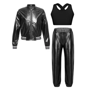 DE iEFiEL Mädchen Hip Hop Kleidung Set Dance Outfit Metallic Jacke+Crop Top+Hose - Bild 1 von 70